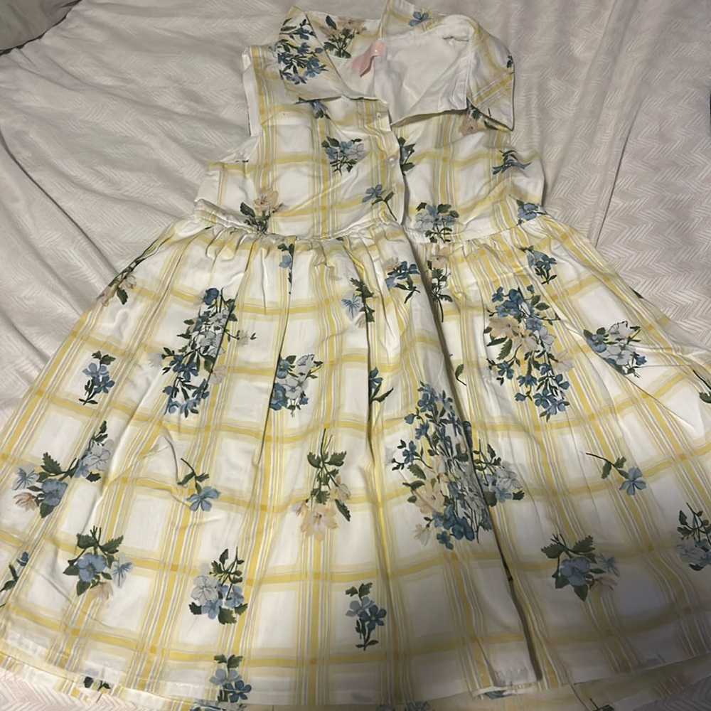 Mila & Emma Yellow Plaid With Blue Flowers Dress - 5T